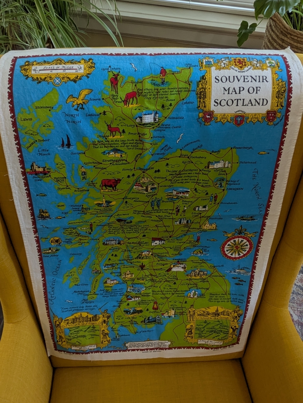 Souvenir Map of Scotland Cotton Tea Towel by Glen Appin - Pre Owned